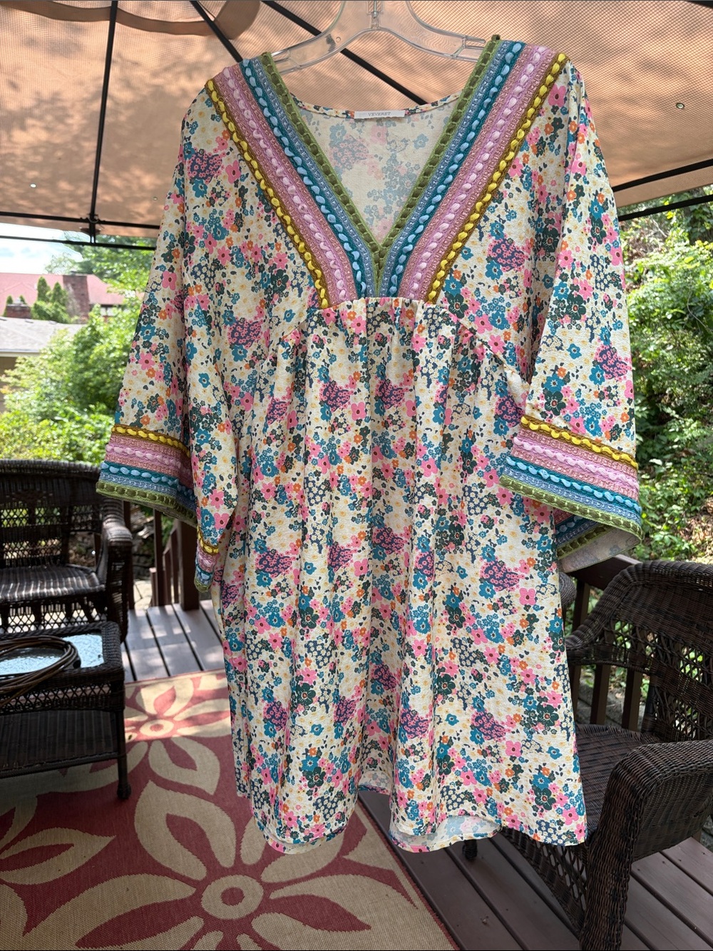 Boho M. Dress, “Veveret”Floral V-Neck Embroidered Tunic - Multicolor